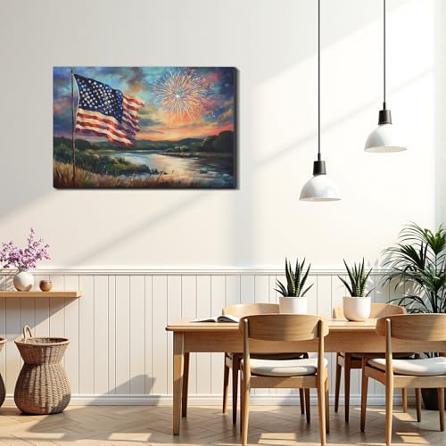 Image of Framed American Flag Sunset Fireworks Wall Art, Patriotic 4th of July Canvas Art Pictures, USA Flag Wall Decor for Living Room Man Cave Bar, Ready to Hang Made in USA
