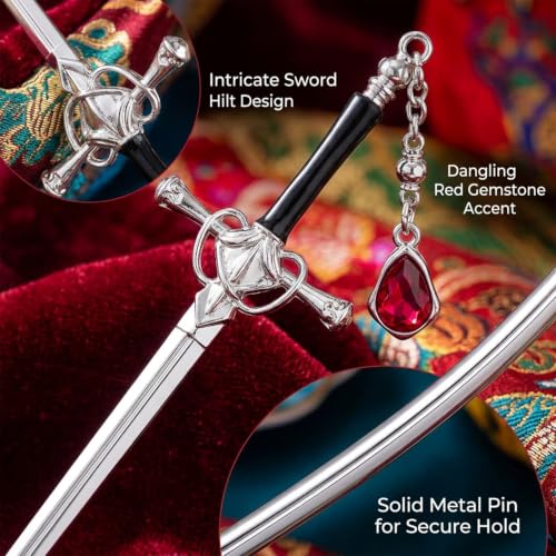 Image of Hair Stick for Bun, Chinese Hair Pin for Elegant Hairstyles, Sword Hair Pin for Weddings and Parties, 2PCS Set with Red Crystals in Golden and Silvery Finish