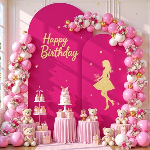 Image of Hot Pink Arch Cover 2 Set-7.2FT, 6FT Arch Backdrop Cover Spandex Fitted Wedding Arch Stand Covers for Bridal Shower Baby Shower Birthday Party Ceremony Banquet Photo Background Decorations