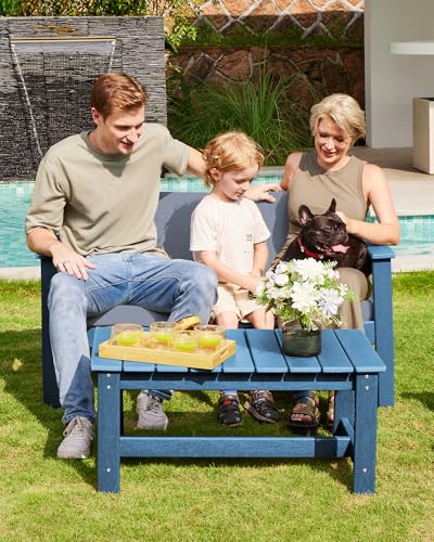 Image of SERWALL 3 Pieces HDPE Outdoor Sofa Bistro Set with Cushions, Outdoor Furniture Sofa Sets with Coffee Table and Cushions, All Weather Conversation Social Set, Blue Frame and Grey Cushion
