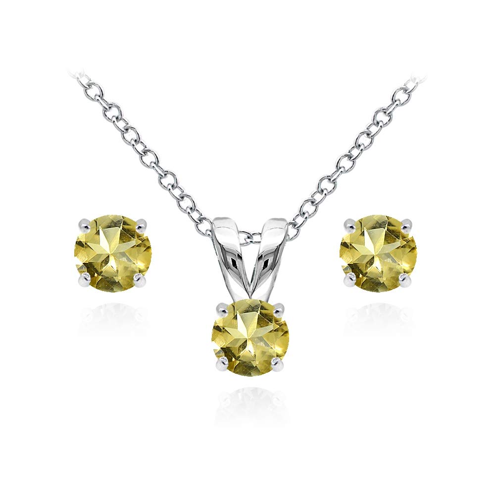 Jewelry Sets for Women, Necklace and Earring Sets for Women, Birthstone Jewelry, Genuine or Synthetic Gem, 5mm Round Solitaire, Pendant Necklace, Short Necklace, Stud Earrings, Sterling Silver Jewelry