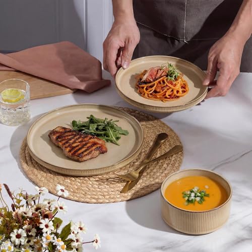 Image of E-far Stoneware Dinnerware Sets for 2, 6-Piece Plates and Bowls Sets, Chip & Scratch Resistant Ribbed Dish Set for Home Restaurant, Microwave & Dishwasher Safe, Caramel Khaki