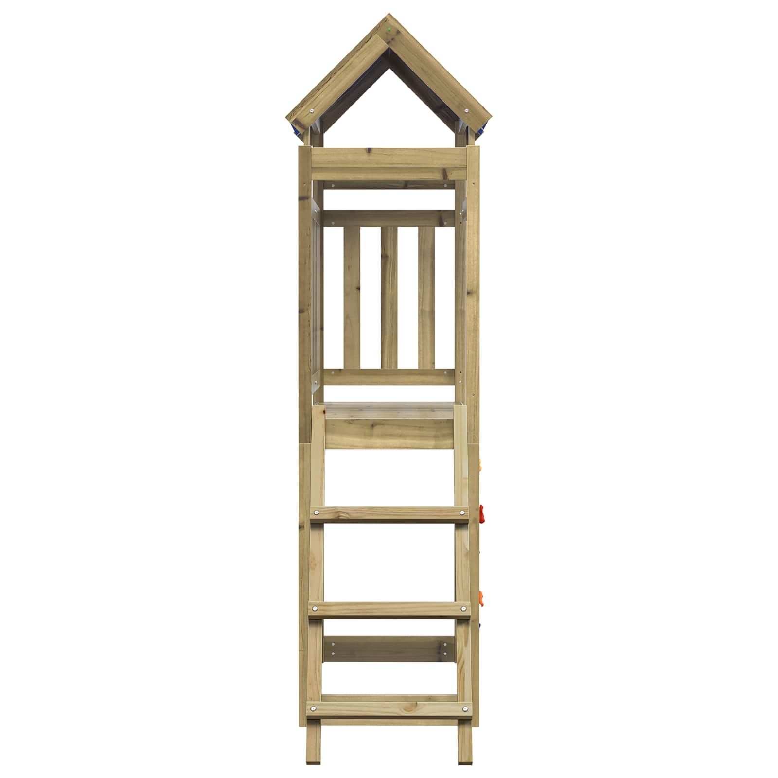 Mangloder Spielturm aus massivem imprägniertem Holz braun für Garten, Kinderhaus, Spielhütte, Klettergerüst, Rutsche, Fenster, Dach, für Kinder im Alter von 3 bis 8 Jahren, wetterfest, langlebig
