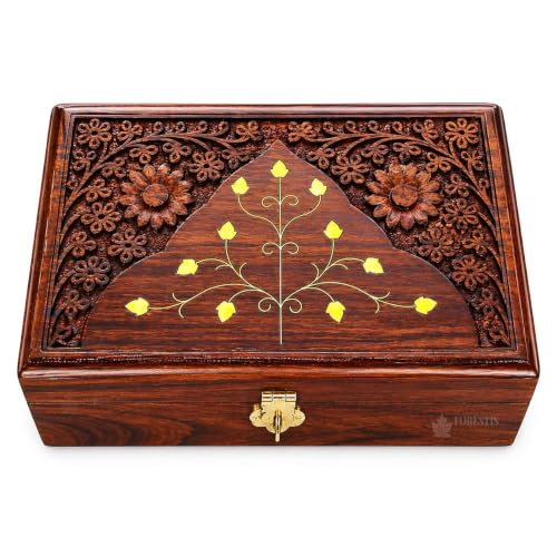 Image of Exquisitely Hand Brass-Filled Wooden OM Box for Good Luck| Jewellery Box (8X5 Inches, Crown)
