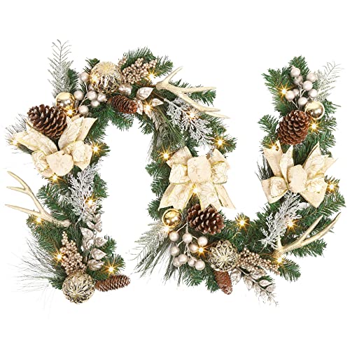 Garvee 6 Feet Christmas Garland with Lights for Mantle, Battery Operated Outdoor Christmas Garlands with Antlers Gold Balls, Prelit Garland Decorations for Fireplace Stair Railing TV Stand by Garvee - Used condition - US$10.01