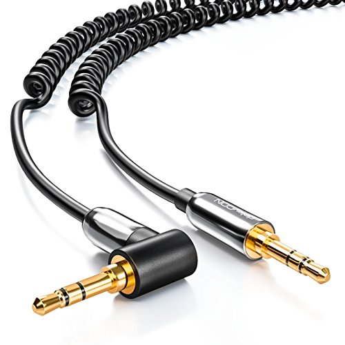 deleyCON 60cm Jack Cable Spiralé - Audio Stéréo - AUX - Prise Jack 3,5mm à Prise Jack 3,5mm Coudée à 90° - Prises Plaquées Or