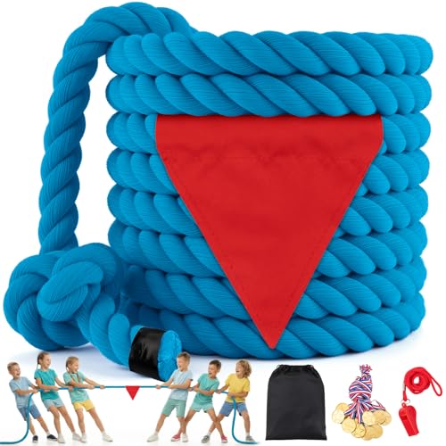 HOKINETY Tug of War Rope for Kids & Adults - 65ft Soft Cotton Outdoor Pulling Rope with Flag for Team Building Activities Field Day Family Reunions Birthday Parties Camping Games - Blue by HOKINETY - Used condition - US$37.99