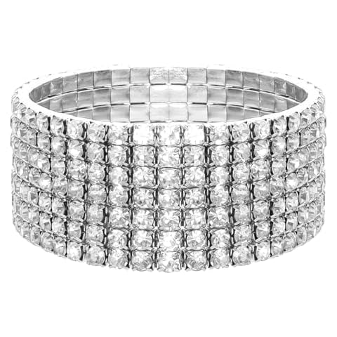 Ngdhkd 7 Rows Stretch Rhinestone Bracelet for Women Elastic Stretch Bracelet Sparkling Rhinestone Bracelets Bridal Wedding Jewelry for Wedding Party Silver Cover
