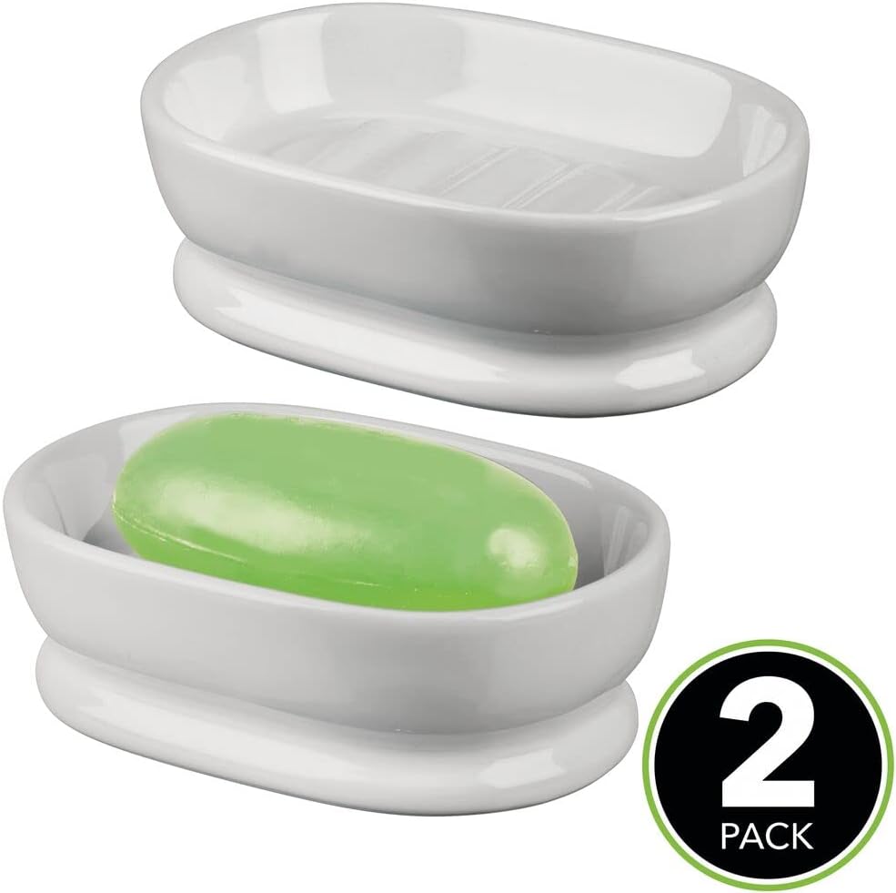 mDesign Decorative Ceramic Bar Soap Dish Tray for Bathroom Vanities, Countertops, Pedestals, Kitchen Sink - Store Hand Soap, Pumice Bars, Sponges, Scrubbers - 2 Pack - Gray