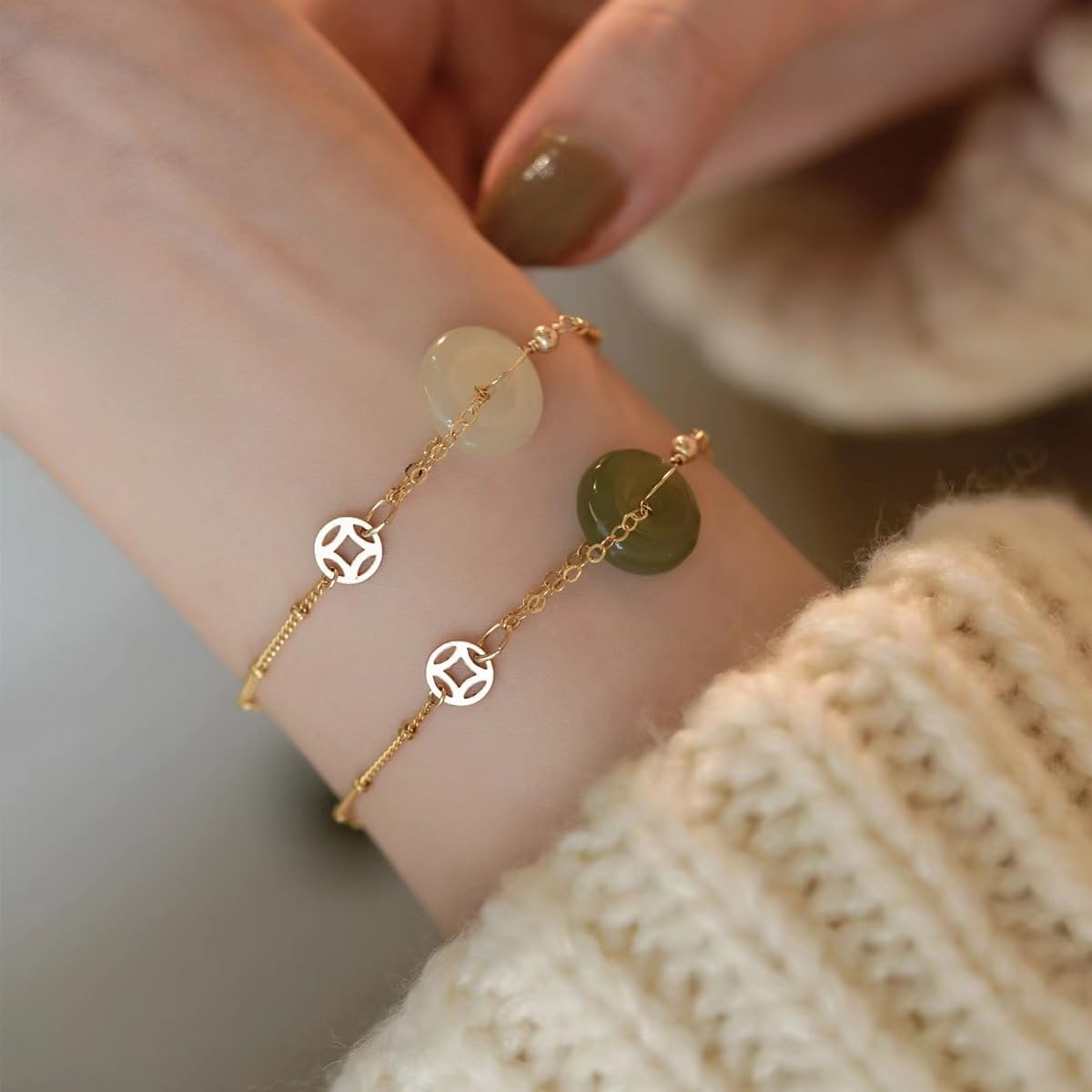 14k Gold Hetian Jade Peace Buckle Bracelet - Feng Shui Harmony Lucky Charm for Ladies, Chinese Handmade Jewelry for Mother (Light Green) - Image 3