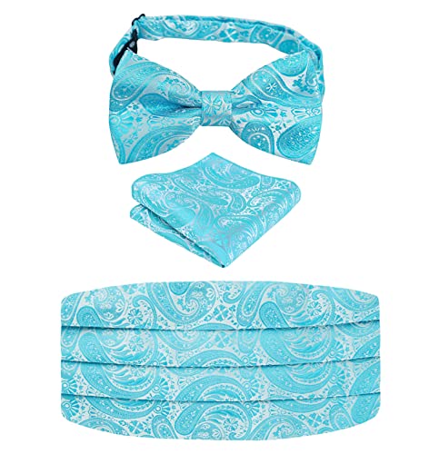 Image of Alizeal Mens Multicolored Silk Solid Cummerbund Bow Tie Set | with Cummerbund Pocket Square Pre-tied Adjustable for Mens Gift