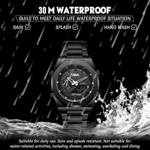 Image of V2A Allure Analogue-Digital Watch for Men, Alloy Case, Stainless Steel Band, 30M Water Resistant, 5 Alarms, World Time, Countdown, Stopwatch Men Watch | Birthday Gift for Man (Black-Black)