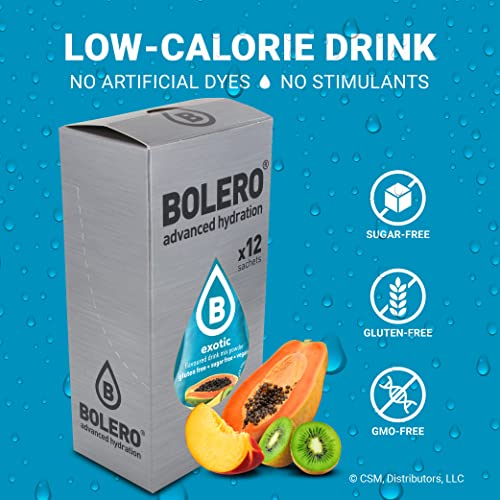 BOLERO – Exotic Flavored, Sugar Free and Low Calorie Powdered Drink Mix, Makes 16oz for Strong Flavor or 32oz for Mild Flavor, 36 Small Sachet Singles-To-Go - Europe's Favorite Drink Mix