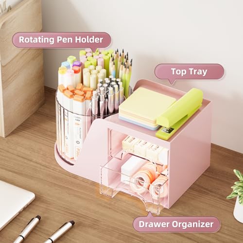 Marbrasse Organizador de mesa com 2 gavetas, suporte de caneta giratório de 360° para mesa, organiza