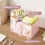 Marbrasse Desk Organizer with 2 Drawer, 360°Rotating Pen Holder, Desk Organizers and Accessories with 6 Slots Pencil Organizer + 2 Drawer, Art Supply Storage Box Caddy for Office (Pink) - Image 4