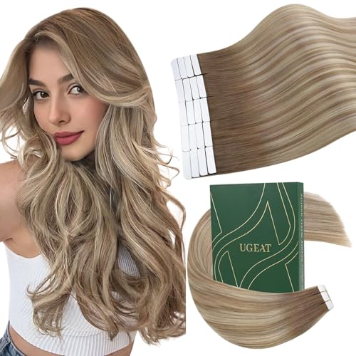 Ugeat Extensiones Adhesivas Pelo Natural Marrón Platino Largo 50 cm 20pz Extensiones de Cabello Natural Adhesivas Castaño Claro Rubio Balayage Liso Invisible 50G