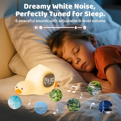 Image of Laying Duck Alarm Clock with Night Light for Kids with Sleep Training and Sound Machine, Rechargeable Silicone Lamp OK to Wake Clock,Cute Animal Tabletop Lamp, Perfect Sleep Companion for Boys Girls