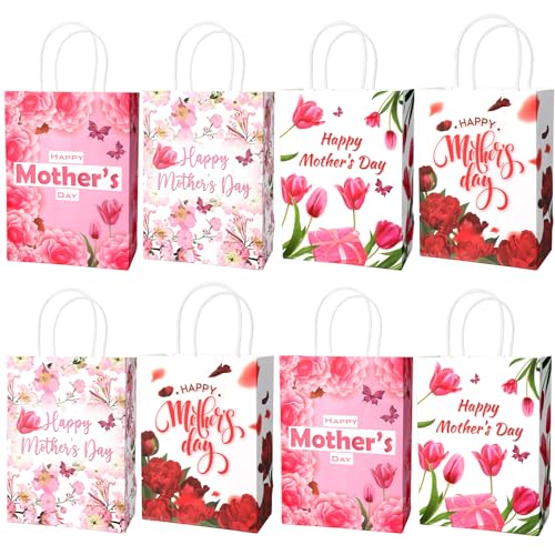 Mothers Day Gift Bags Small Mothers Day Gift Bags with Handles Floral Happy Mothers Day Paper Bag Treat Goodie Gift Bags Bulk for Best Mom Gifts Mothers Day Party Decoration Gift Wrapping Supplies