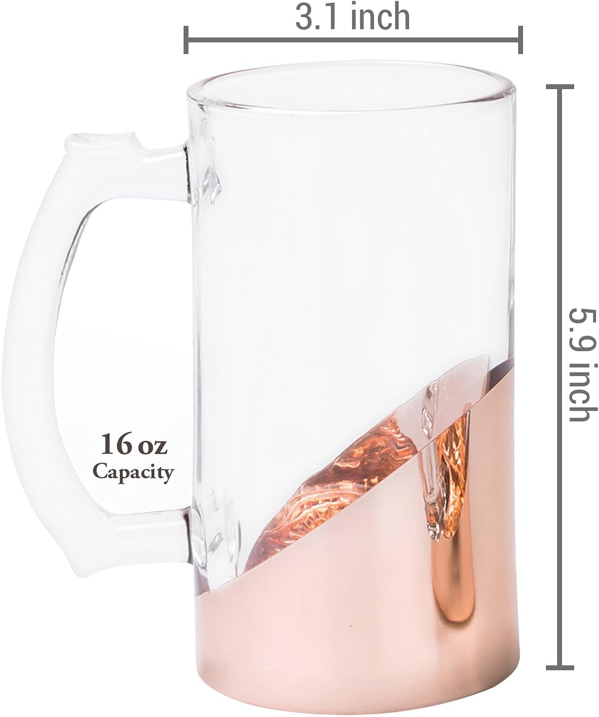 MyGift Glass 16 oz Beer Pint Stein Mug Glasses Modern Luxury Angled Copper Design with Handle, Set of 2