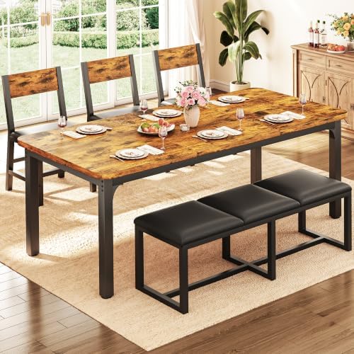 5-Piece Dining Table Set for 4-6, 63'' Long Kitchen Table Cushion Chairs Set with PU Bench and 3 Chairs, Rectangle Dining Table with Metal Frame & MDF Board, Space-saving for Small Apartment, Rustic