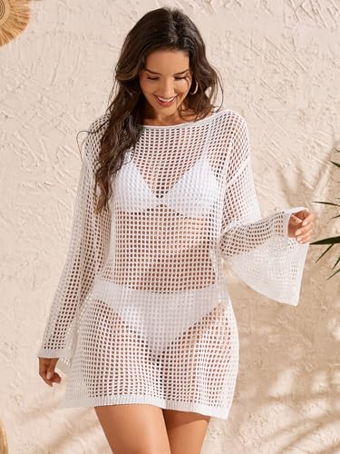 Image of Lilosy Sexy Crochet Sheer Kaftan Caftan Beach Dress Bathing Suit Swim Coverup Summer Vacation Outfits One Piece
