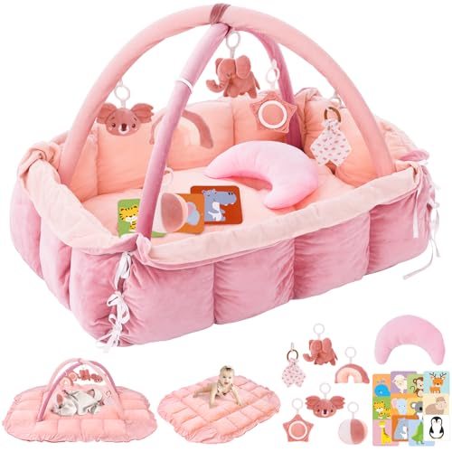 Image of 5-in-1 Plush Baby Play Gym, Baby Play Mats, Convertible Baby Gym with Pillow, Tummy time mat, 6 Sensory Toys, Activity Center, Ball Pit, Light Pink