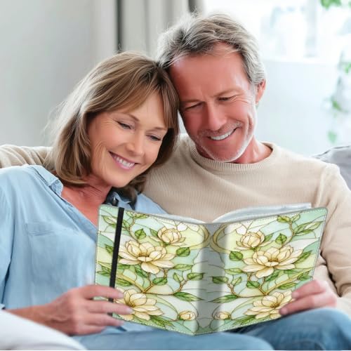 Image of Photo Album 4x6 120 Photos with Strong Elastic Band, Stained Glass Magnolia | Large Capacity Premium Leather Picture Album, Portable Wallet Albums Photo Book for Family Anniversaries Wedding Baby