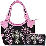 Western Style Rhinestone Cross Studded Laser Cut Wings Tooled Leather Purse Women Handbags Country Shoulder Bag Wallet Set (Black/Pink Set)