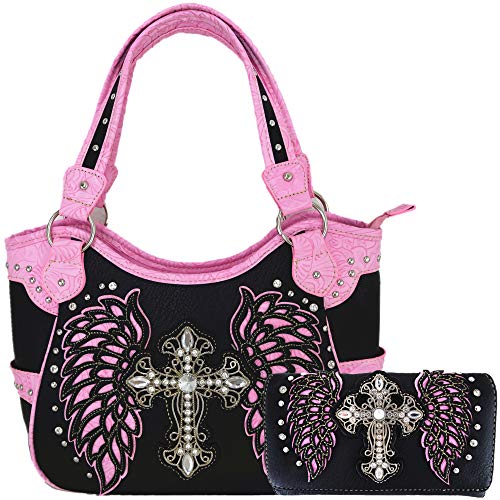 Western Style Rhinestone Cross Studded Laser Cut Wings Tooled Leather Purse Women Handbags Country Shoulder Bag Wallet Set (Black/Pink Set)