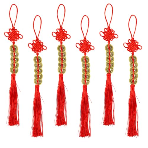 TONGIHS 6 peças fortuna com nó chinês vermelho, moedas chinesas Feng Shui borla, vermelho I-Ching sorte cobre para riqueza saúde sucesso amigo família amante