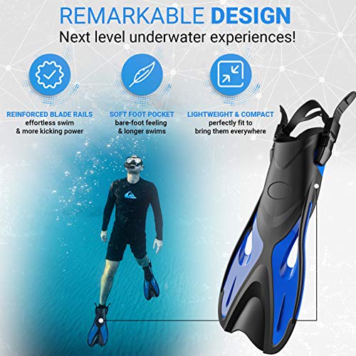 cozia design Adjustable Swim Fins - Snorkel Fins for Lap Swimming, Travel Size Scuba Diving Flippers for Snorkel Set Adult, Neoprene Water Socks Included (Medium)