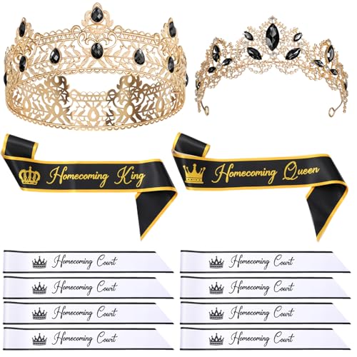 Ferreve 12 Pcs Homecoming Sashes and Crowns Set 2026 Homecoming King and Queen Royal Tiara University Party Accessories(Black)