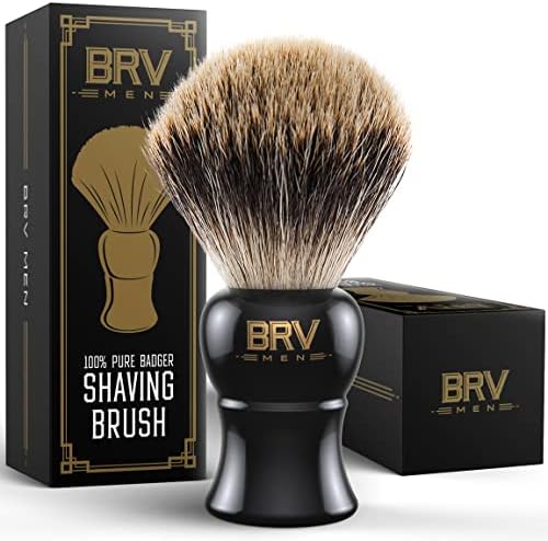 BRV MEN 100% Pure Badger Shaving Brush LARGE (24mm knots) - Heavy Resin Handle - Use with Double-Edge Safety Razor, Straight Razor and Shaving Bowl - Black