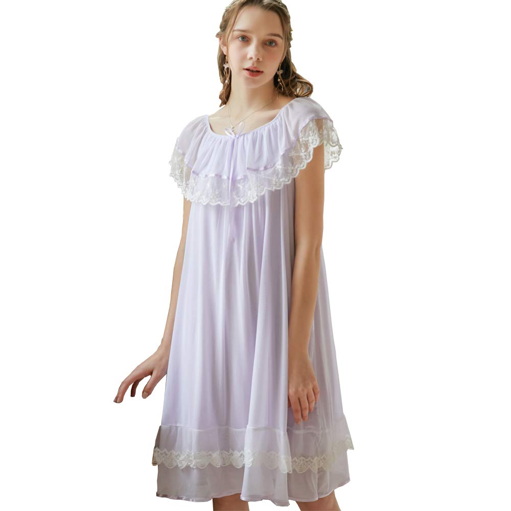Flwydran Women's Purple Victorian Nightdress, Short Sleeve Sheer Nightgown Pajamas Nightwear Lounge Dress (Large, )
