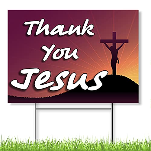 Thank You Jesus Yard Sign, 14 x 10 Inch DS Coroplast Christian Yard Signs for Outdoors, Jesus Sign with H-Type Stakes, Weather-Resistant for Lawn and Garden