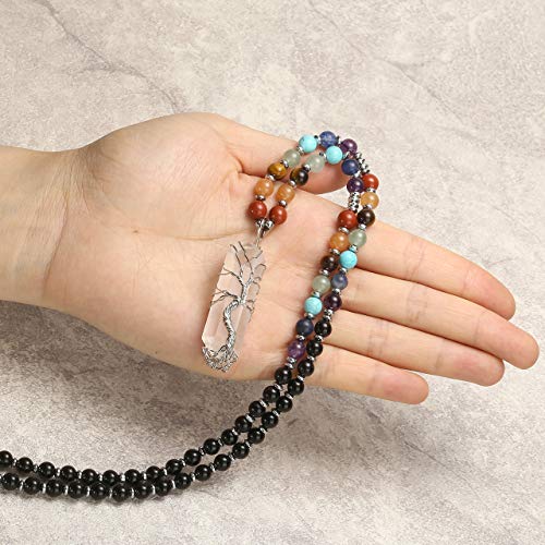 Jovivi Natural Black Obsidian 7 Chakras Healing Crystals Necklace Wire Wrapped Clear Quartz Tree Of Life Pendant Healing Pointed Reiki Energy Balancing #TOP4