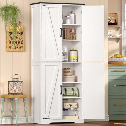 Image of TEENFON Tall Pantry Cabinet, Kitchen Cabinet with 4 Shelves, Adjustable Shelves, Pantry Cabinets with 4 Barn Doors, Tall Kitchen Cabinets for Dining Room, Living Room, White