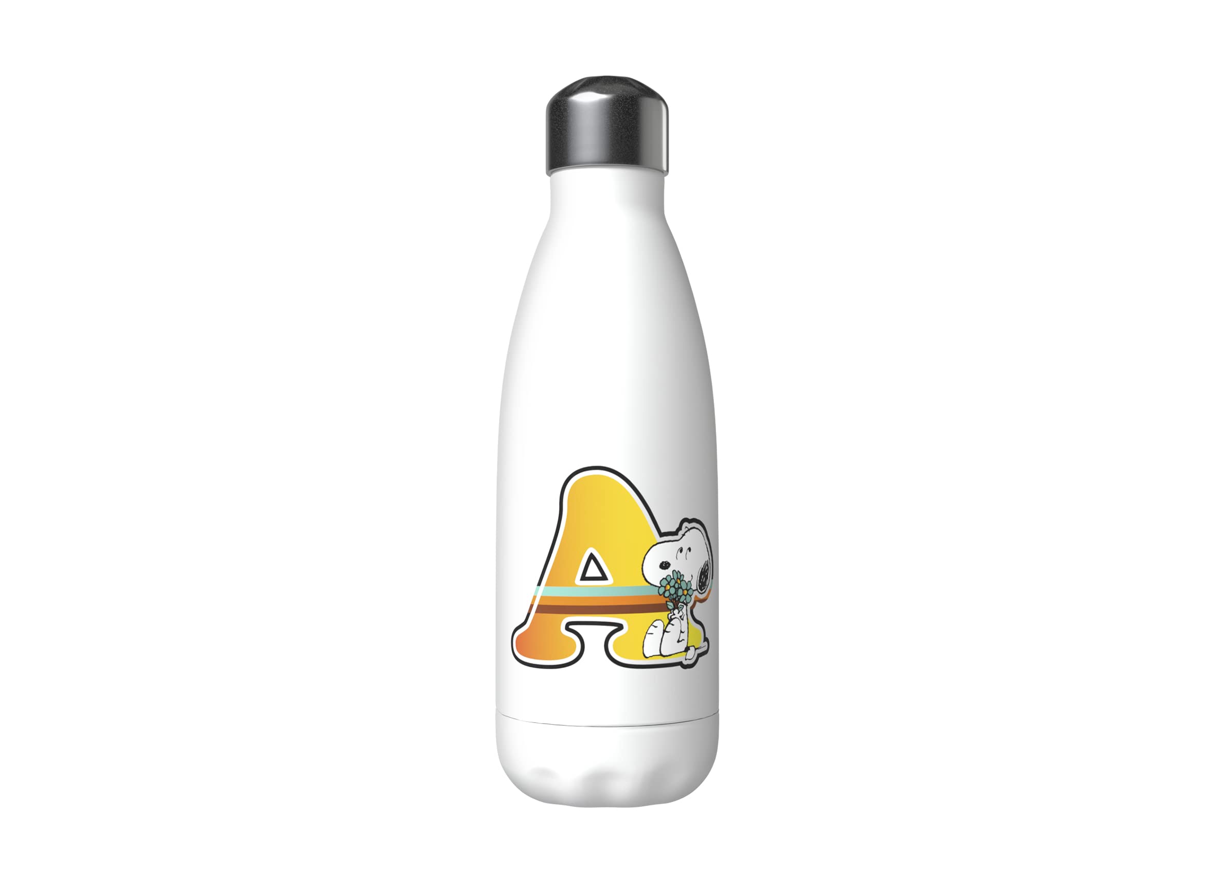 CYPBRANDS Snoopy – Stainless Steel Water Bottle, Airtight, with Multi-Coloured Letter A Design, 550 ml, White, Official Product