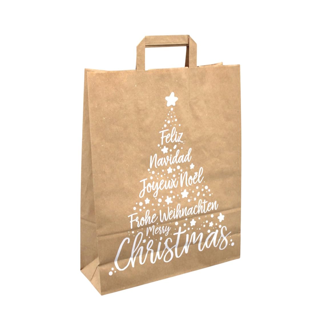 250 Papiertragetaschen Einkaufstüten Papiertüten braun mit Weihnachtsmotiv "Xmas" 32+12x40cm 80g/m²