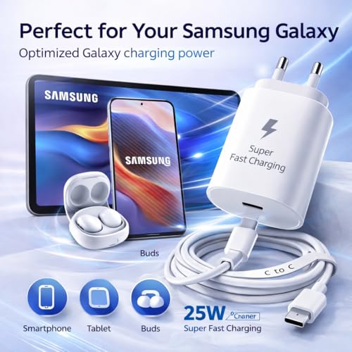 Image of 25W USB C Fast Charger Adapter with Type C to C Cable for Samsung Galaxy S24 /S23, A36 /A35 /A26 /A17 /A16 /A15 /A07 /A06, M56 /M55 /M36 /M35 /M17 /M17e /M16 /M15 /M07 /M06 /M05, F56 /F55 /F36 /F17 /F16 /F15 /F07 /F06 /F05