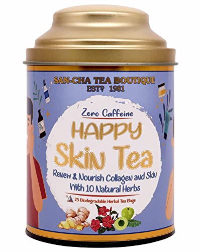 Image of Sancha Tea Boutique, Happy Skin Tea, Caffeine Free Herbal Tea, 25 Pyramid Tea Bags, Renew & Nourish Collagen with 10 Natural Herbs Tea, Clear Skin Tea, Beauty Tea Skin