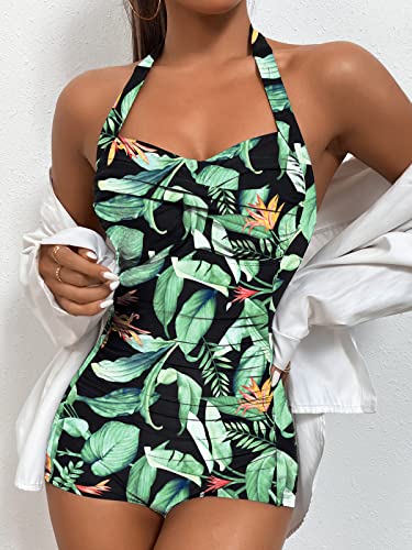 Women's Retro Tummy Control Swimsuits Halter One Piece Slimming Swimwear,Vintage Boyshorts Ruched Push Up Bathing Suit2