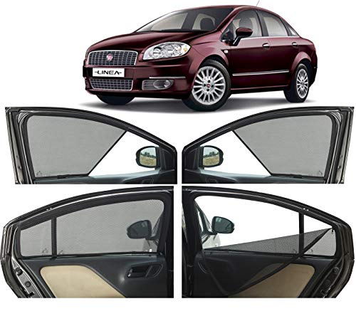 Image of Autofact Magnetic Car Sunshades Compatible with Fiat Linea (Set of 4) - Easy Installation, UV Protection, Keeps Car Cool (Front 2 Half-Cut for Side Mirror Visibility, Rear 2 with Zippers)
