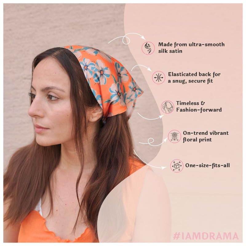 Image of Hair Drama Co. Elastic Bandana Head Scarf for Women | Silk Satin Head Wrap Bandana Scarves | Boho Style Statement Headband Stylish Design | All Day Wear Scarves | Hair Scarf Accessories