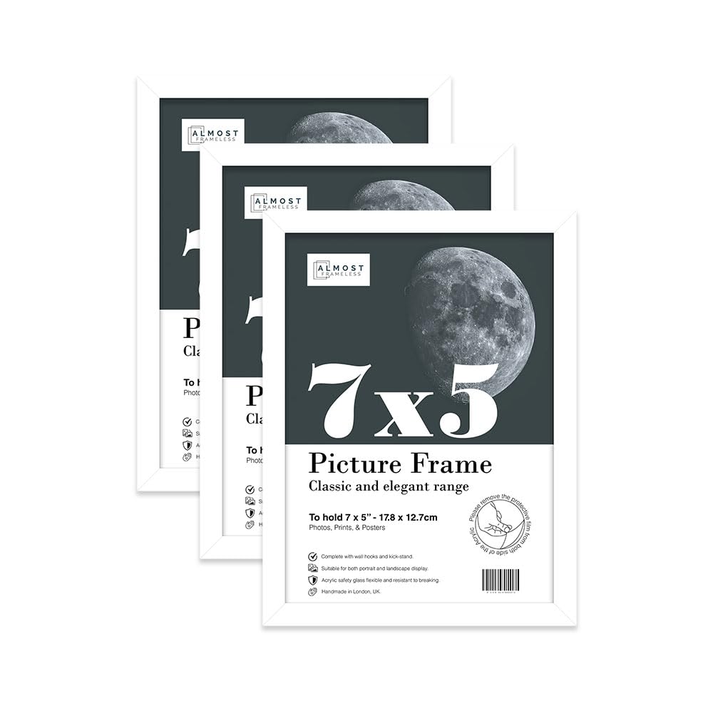Almost Frameless 7x5 White Picture Frame Set of 3, Display 7x5 Picture Gallery Wall, Poster, Photo, Artwork, or Print, Yellow