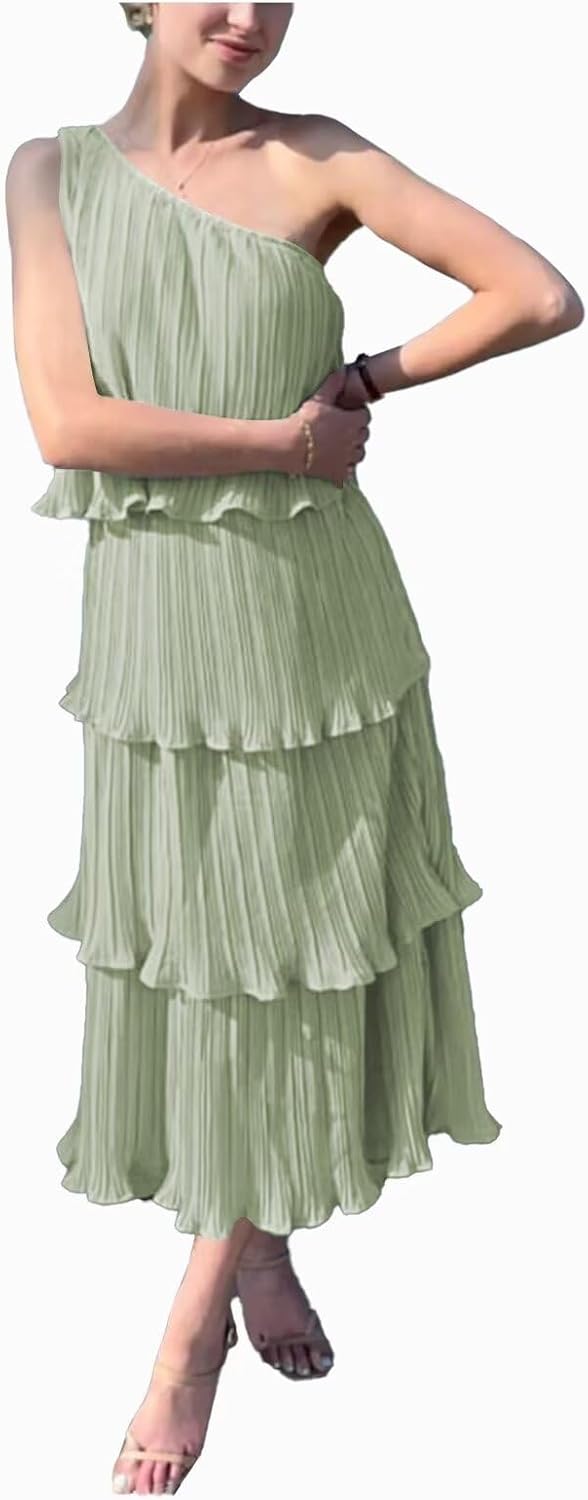 Women's Summer One Shoulder Pleated Chiffon Dress Sleeveless Tiered Sweet Princess Formal Party Dress