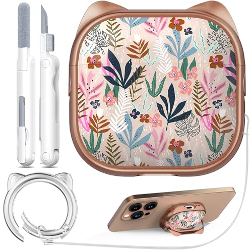 Coque AirPods 4 avec support de téléphone intégré couleur or rose motif feuille