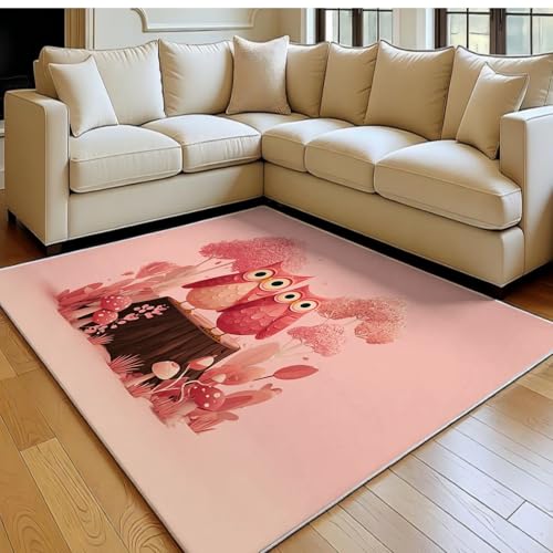 Tapis Salon 80 x 120 cm Chouette de Dessin animé Doux Poil Ras Antidérapant Rose Tapis Chambre Filles et Enfants Lavable Couloir Décor