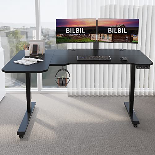 Bilbil L-Shaped Electric Height Adjustable Standing Desk 59 Inches, Stand Up Rising Table For Home Office With Splice Board, Black Frame And Top #TOP1