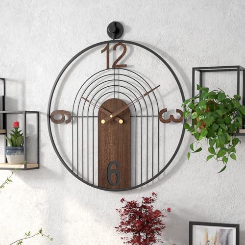 Image of Large Modern Walnut Dial Wall Clock, Wood Metal Frame Silent Non Ticking Decoration Wall Clocks for Living Room, Bedroom, Kitchen, Study, Handmade Home Decor Gift Idea, 26.4 Inch